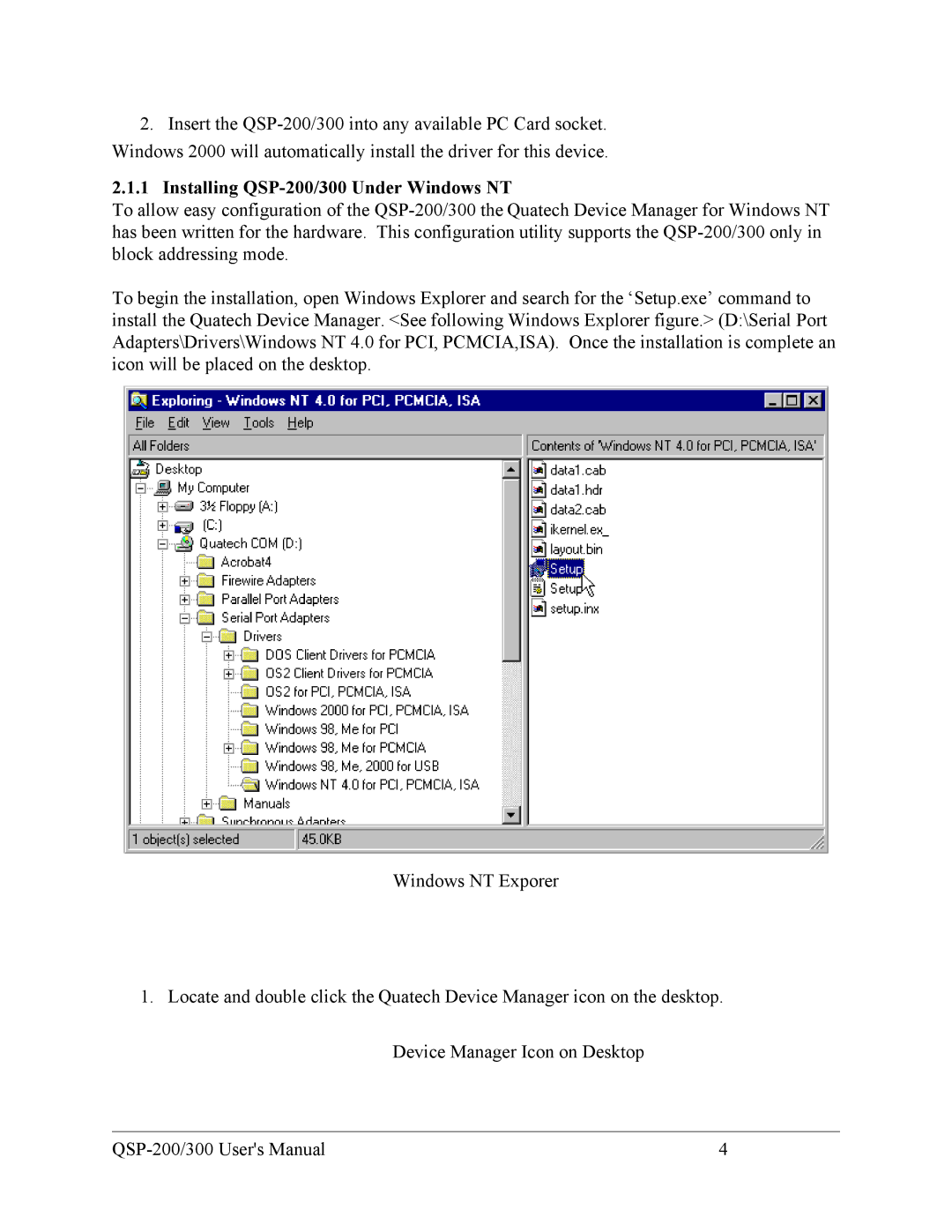 Quatech user manual Installing QSP-200/300 Under Windows NT 