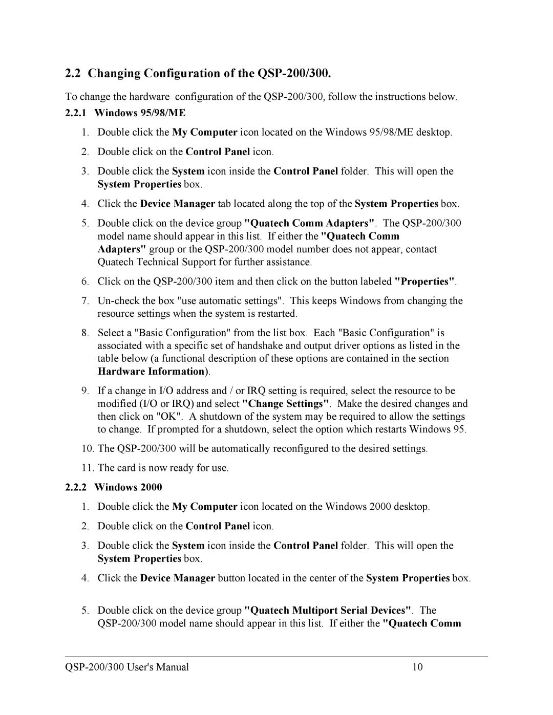 Quatech user manual Changing Configuration of the QSP-200/300, Windows 95/98/ME 