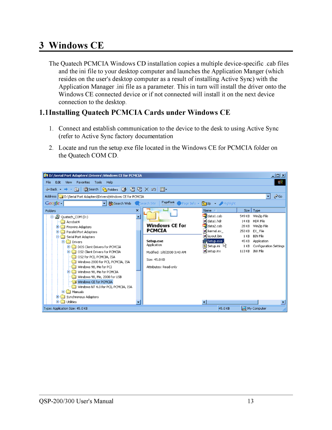 Quatech QSP-200/300 user manual 1Installing Quatech Pcmcia Cards under Windows CE 