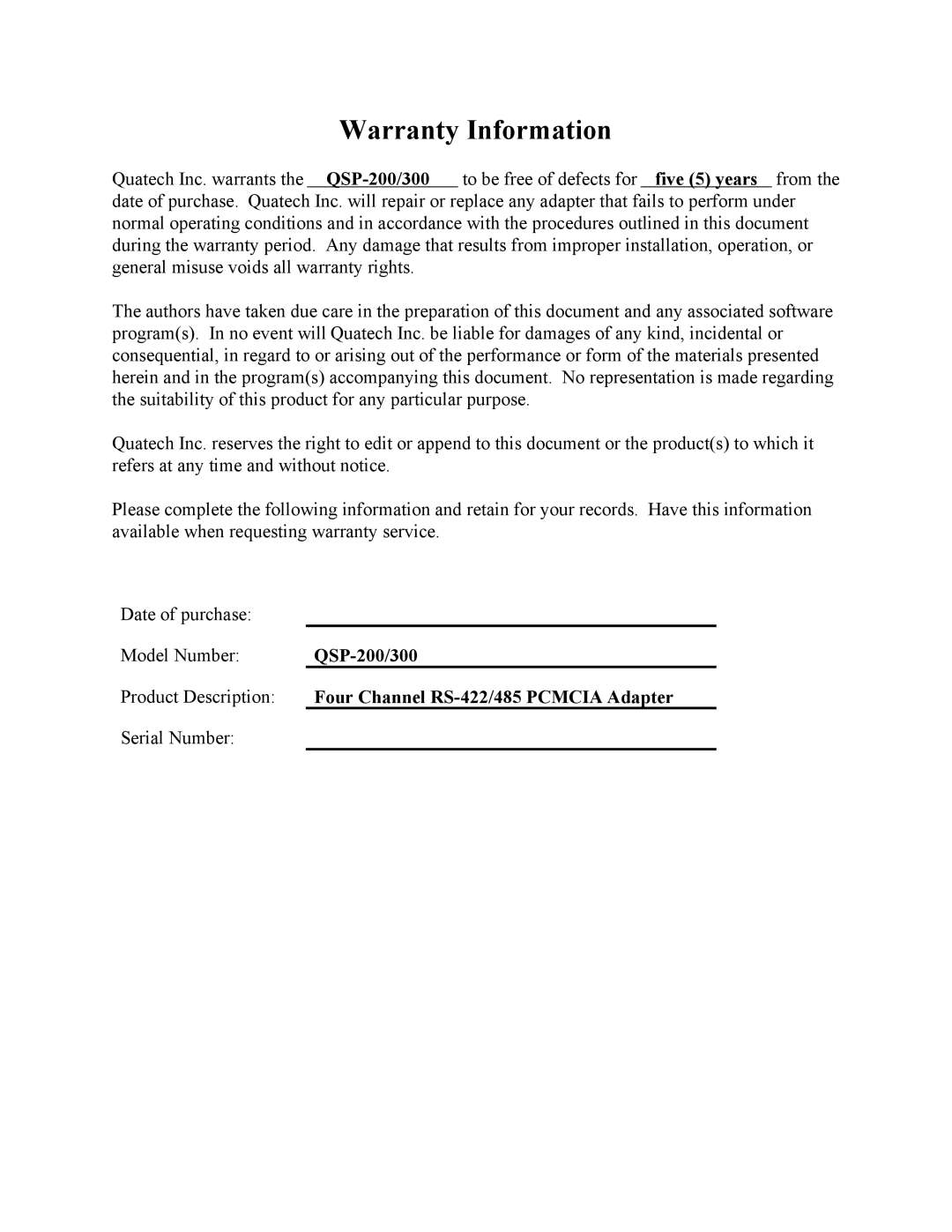 Quatech QSP-200/300 user manual Warranty Information, Product Description Four Channel RS-422/485 Pcmcia Adapter 