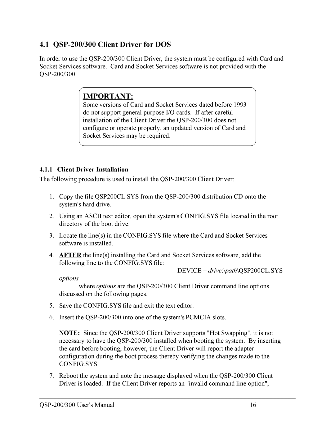 Quatech user manual QSP-200/300 Client Driver for DOS, Client Driver Installation 