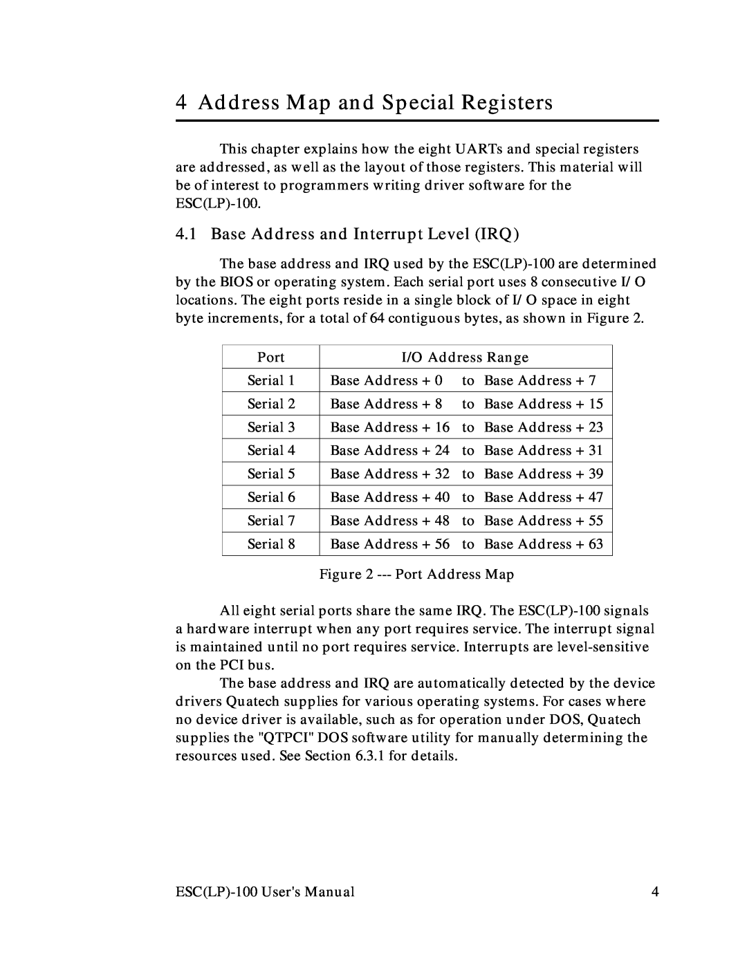 Quatech RS-232 user manual Base Address and Interrupt Level IRQ, Port, I/O Address Range, Address Map and Special Registers 