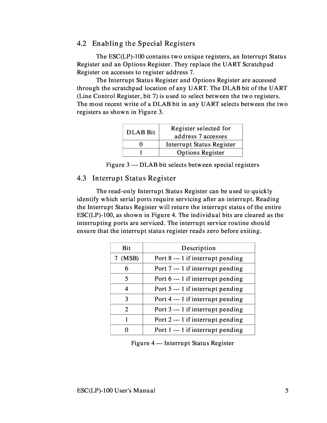 Quatech RS-232 Enabling the Special Registers, Interrupt Status Register, DLAB Bit, Register selected for, Description 