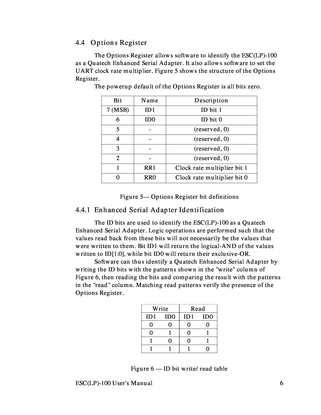 Quatech RS-232 user manual Options Register, Name, Write, Read, Enhanced Serial Adapter Identification, Description 