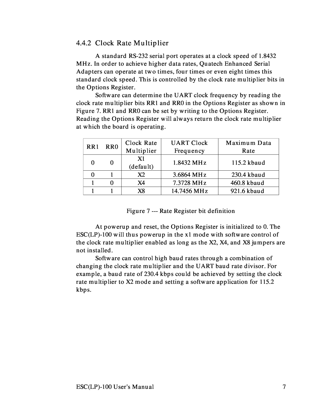Quatech RS-232 user manual Clock Rate Multiplier, UART Clock, Maximum Data, Frequency 