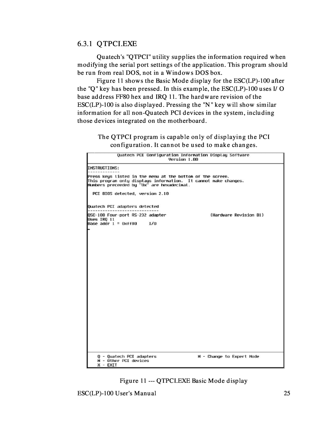 Quatech RS-232 user manual Qtpci.Exe, The QTPCI program is capable only of displaying the PCI 