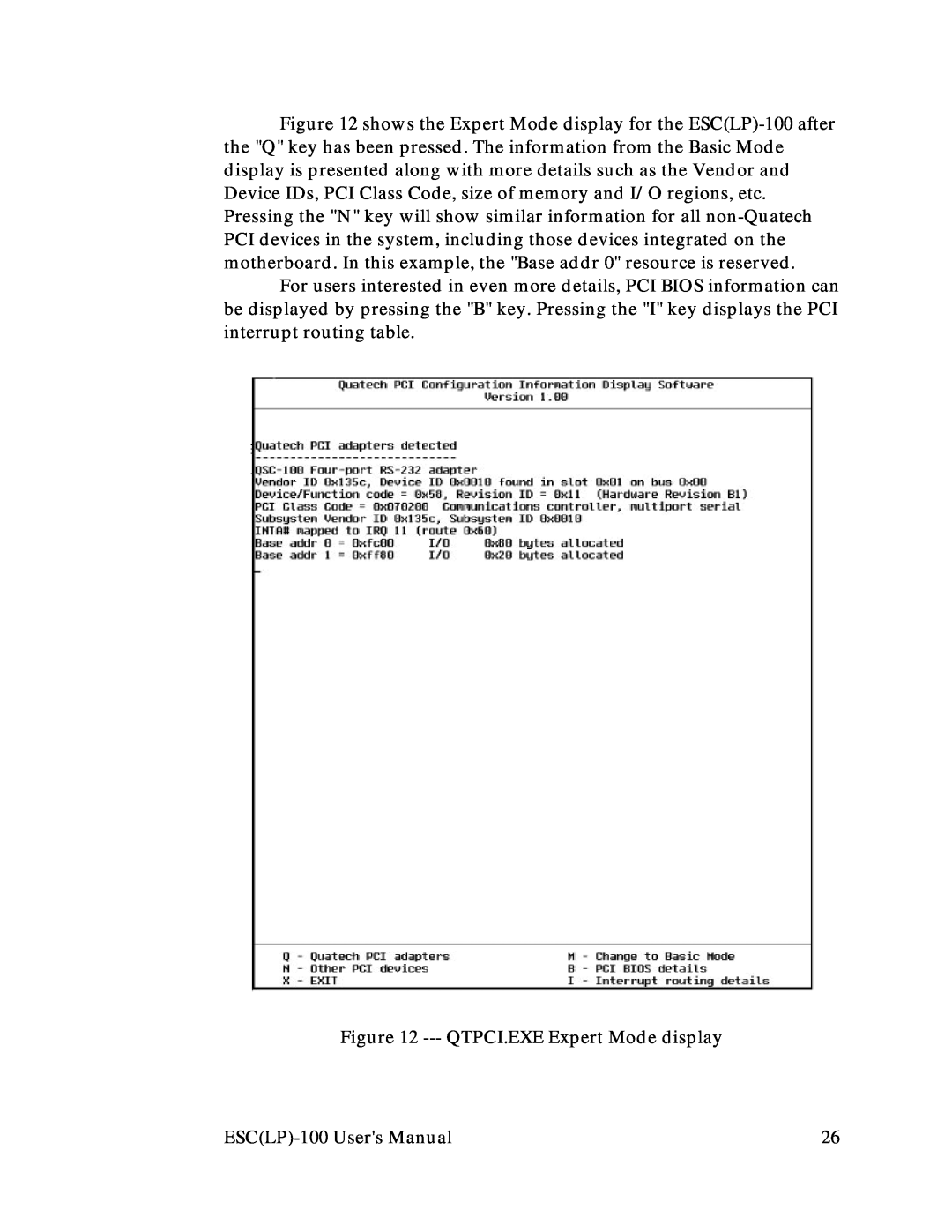 Quatech RS-232 user manual QTPCI.EXE Expert Mode display, ESCLP-100 Users Manual 