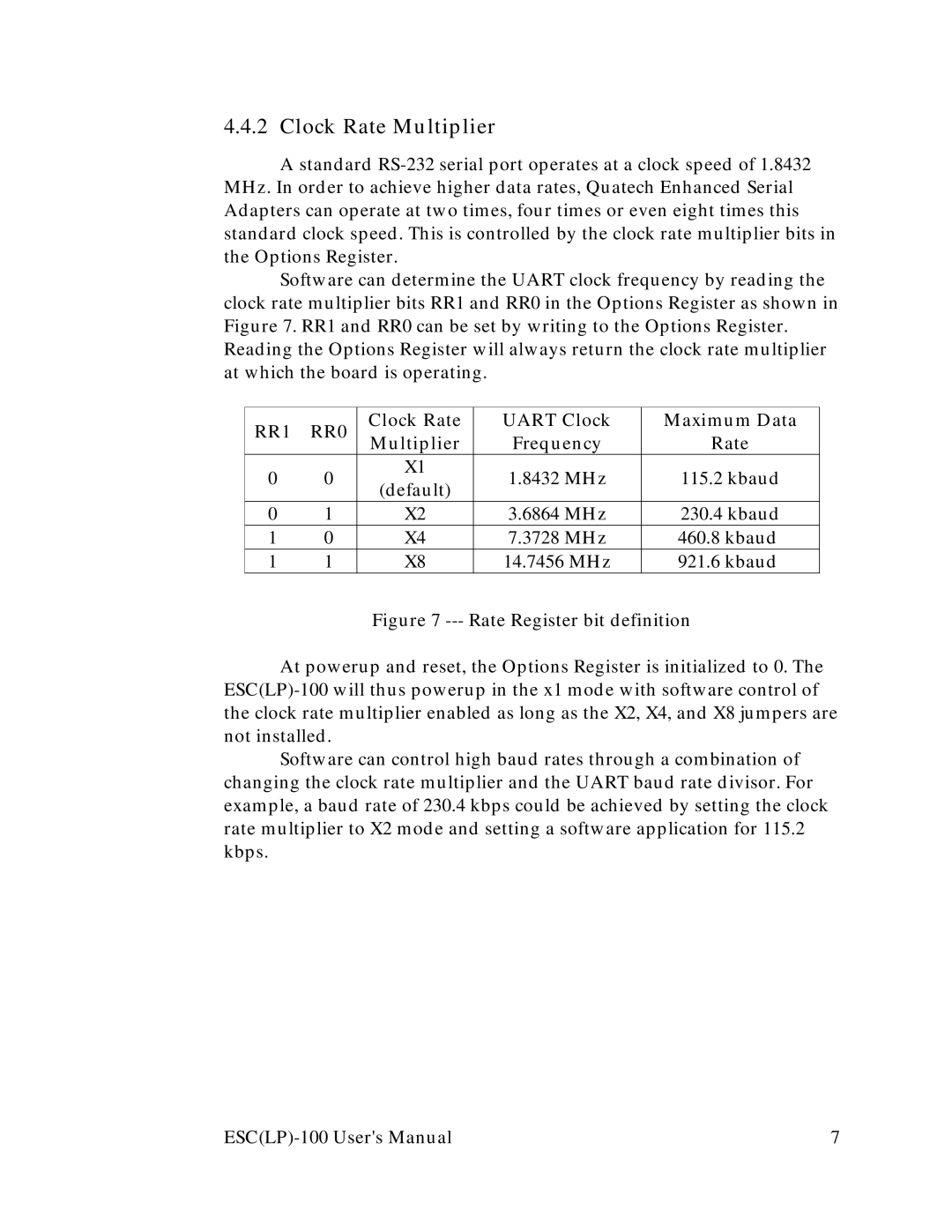 Quatech RS-232 user manual Clock Rate Multiplier, RR1 RR0 