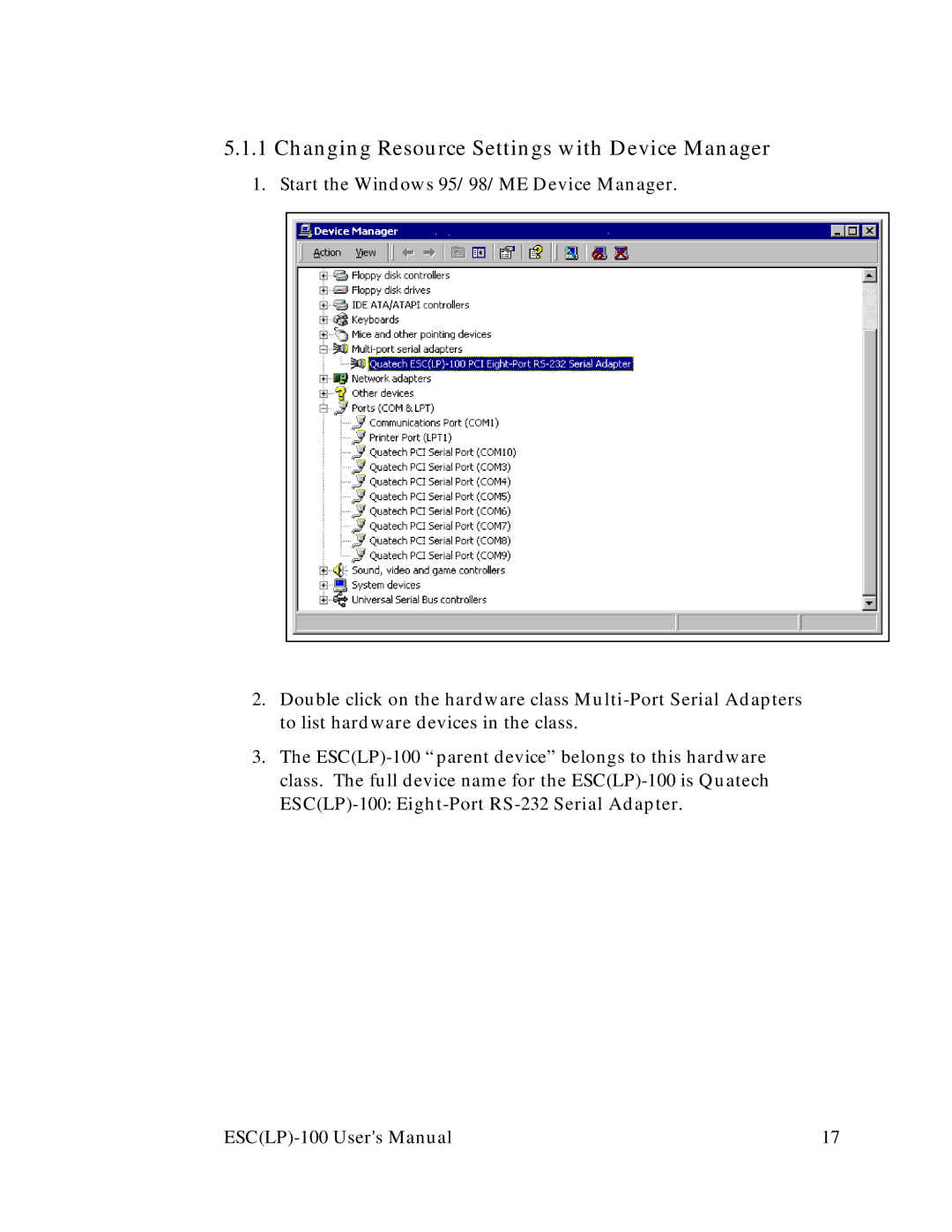 Quatech user manual ESCLP-100 Eight-Port RS-232 Serial Adapter 