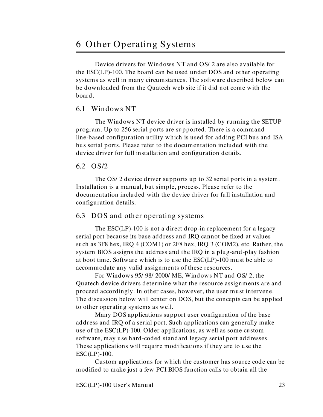 Quatech RS-232 user manual Windows NT, OS/2, DOS and other operating systems 