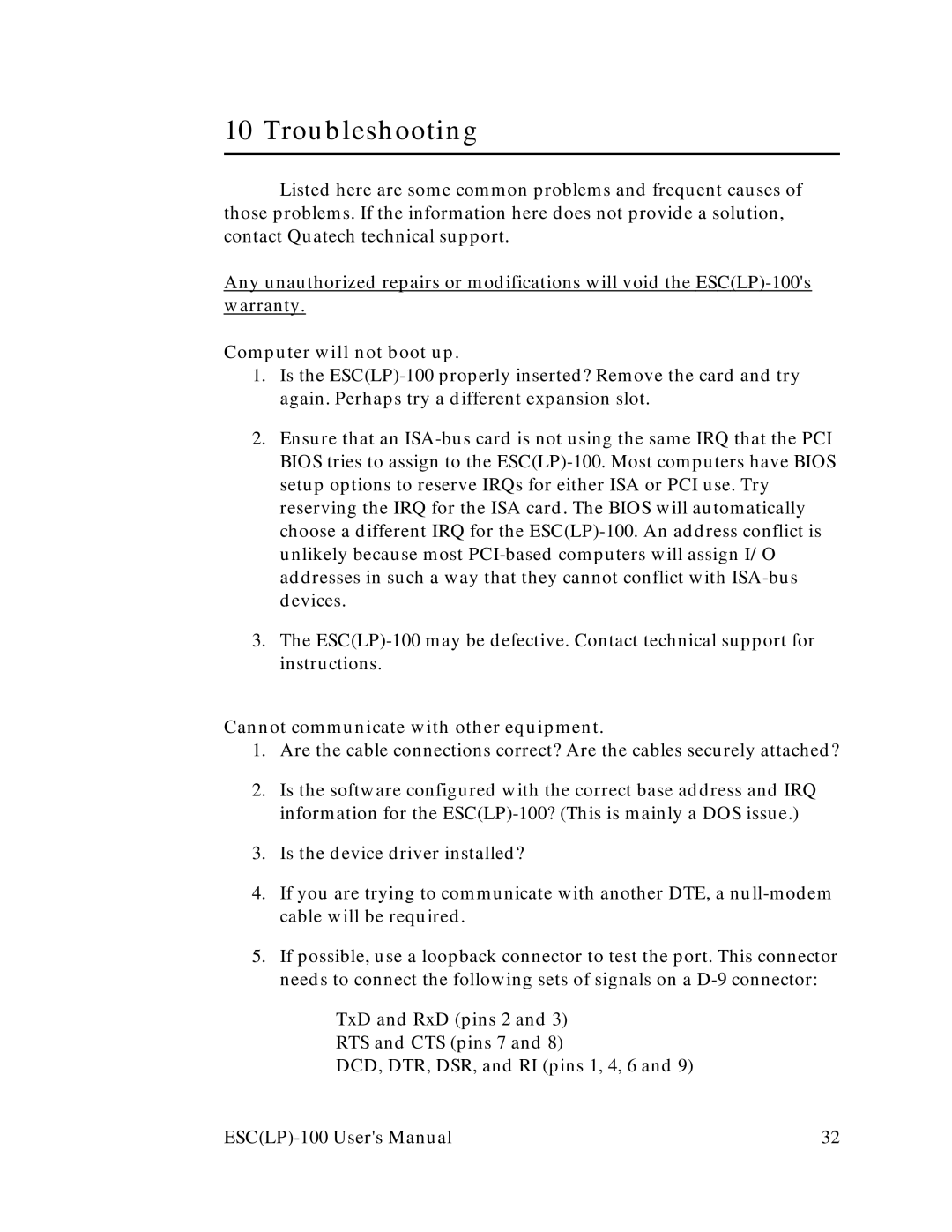 Quatech RS-232 user manual Computer will not boot up 