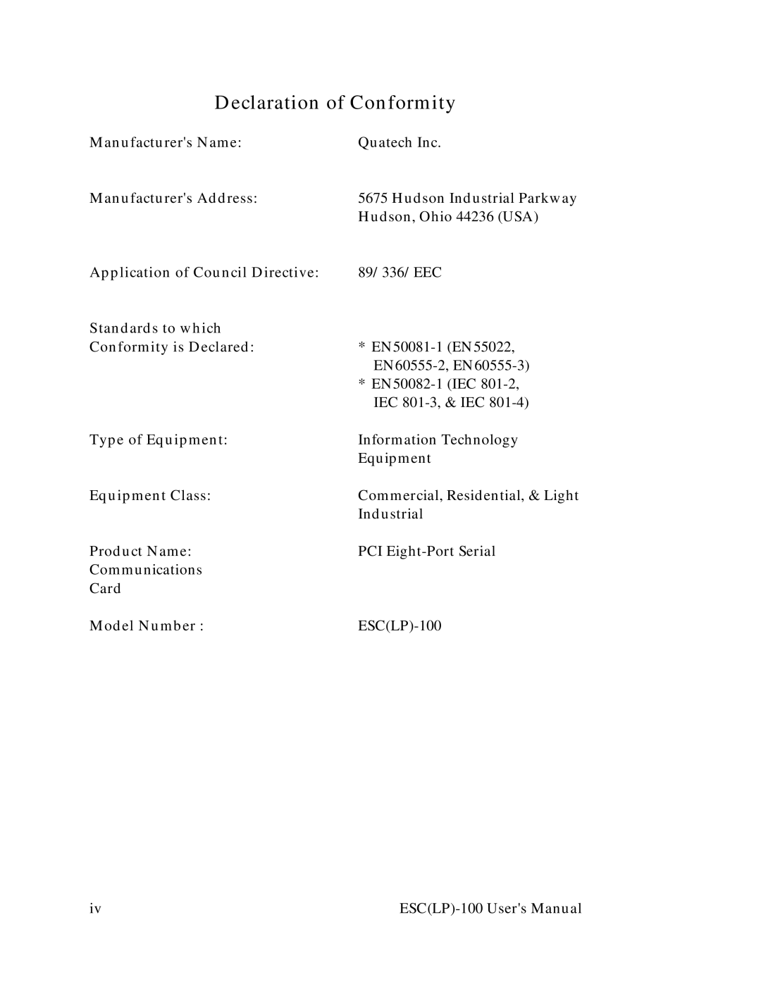 Quatech RS-232 user manual Declaration of Conformity 