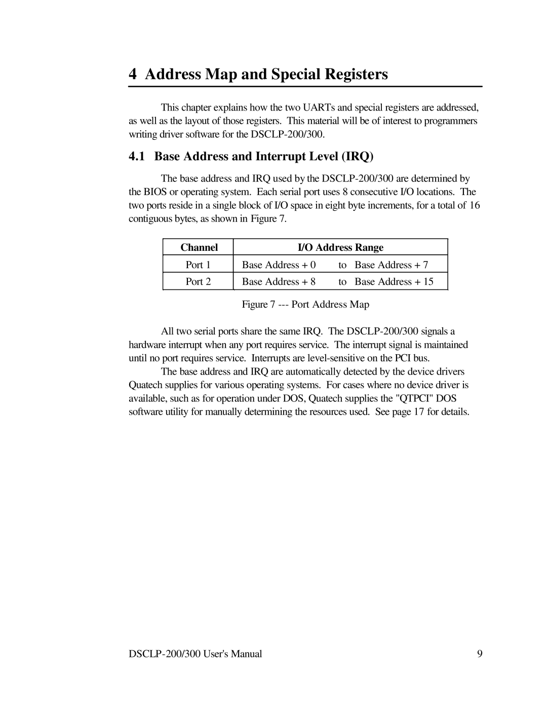 Quatech RS-422 user manual Address Map and Special Registers, Base Address and Interrupt Level IRQ 