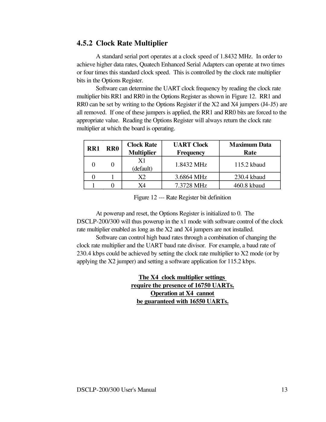 Quatech RS-422 user manual Clock Rate Multiplier, RR1 RR0 