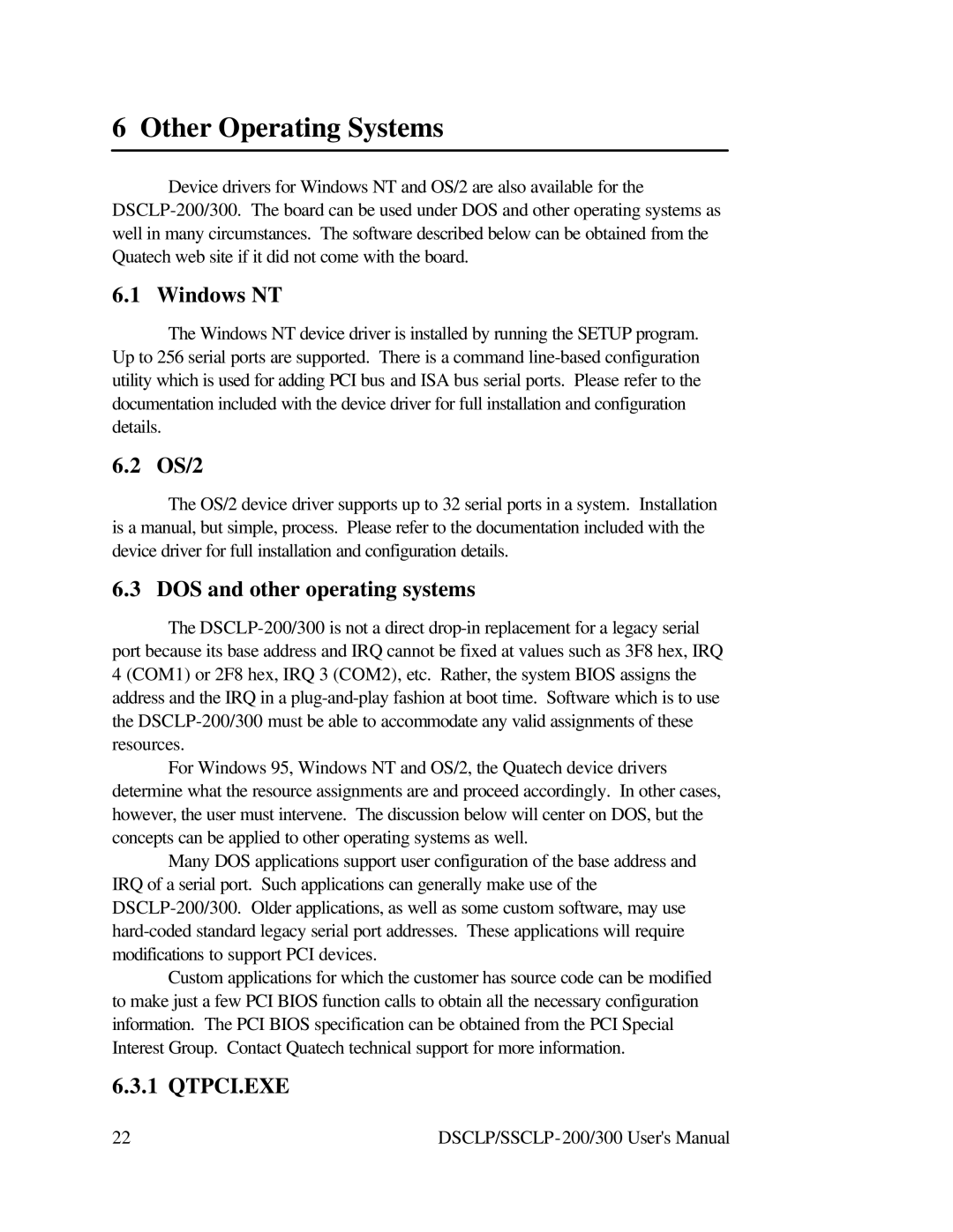 Quatech RS-422 user manual Other Operating Systems, Windows NT, OS/2, DOS and other operating systems 