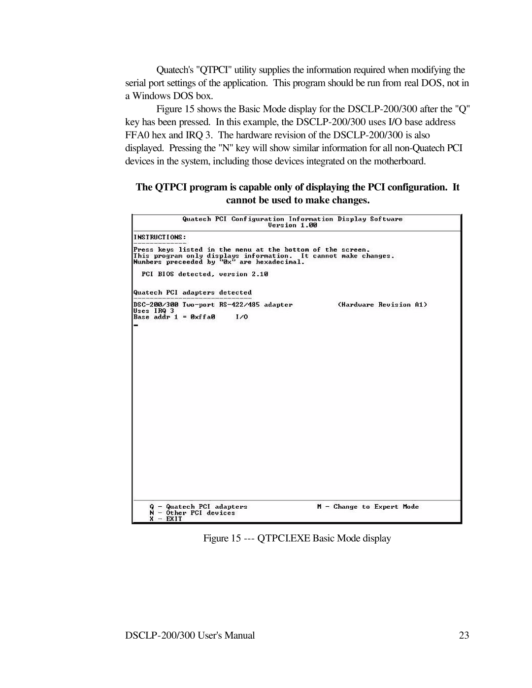 Quatech RS-422 user manual QTPCI.EXE Basic Mode display 