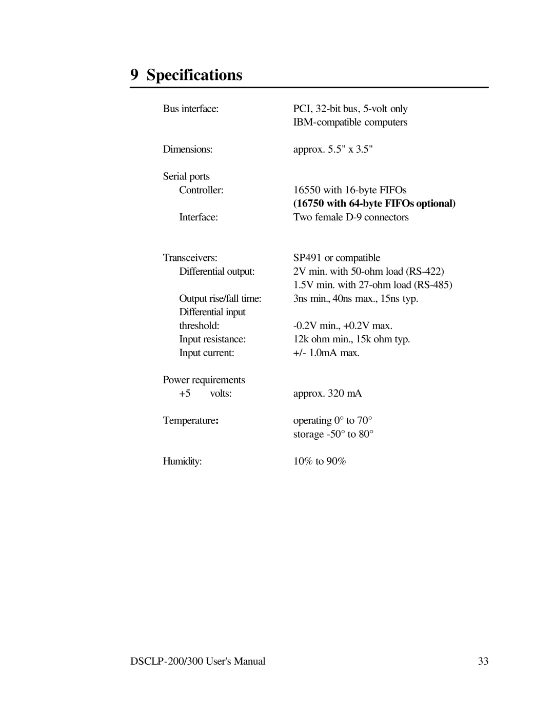 Quatech RS-422 user manual Specifications, With 64-byte FIFOs optional 