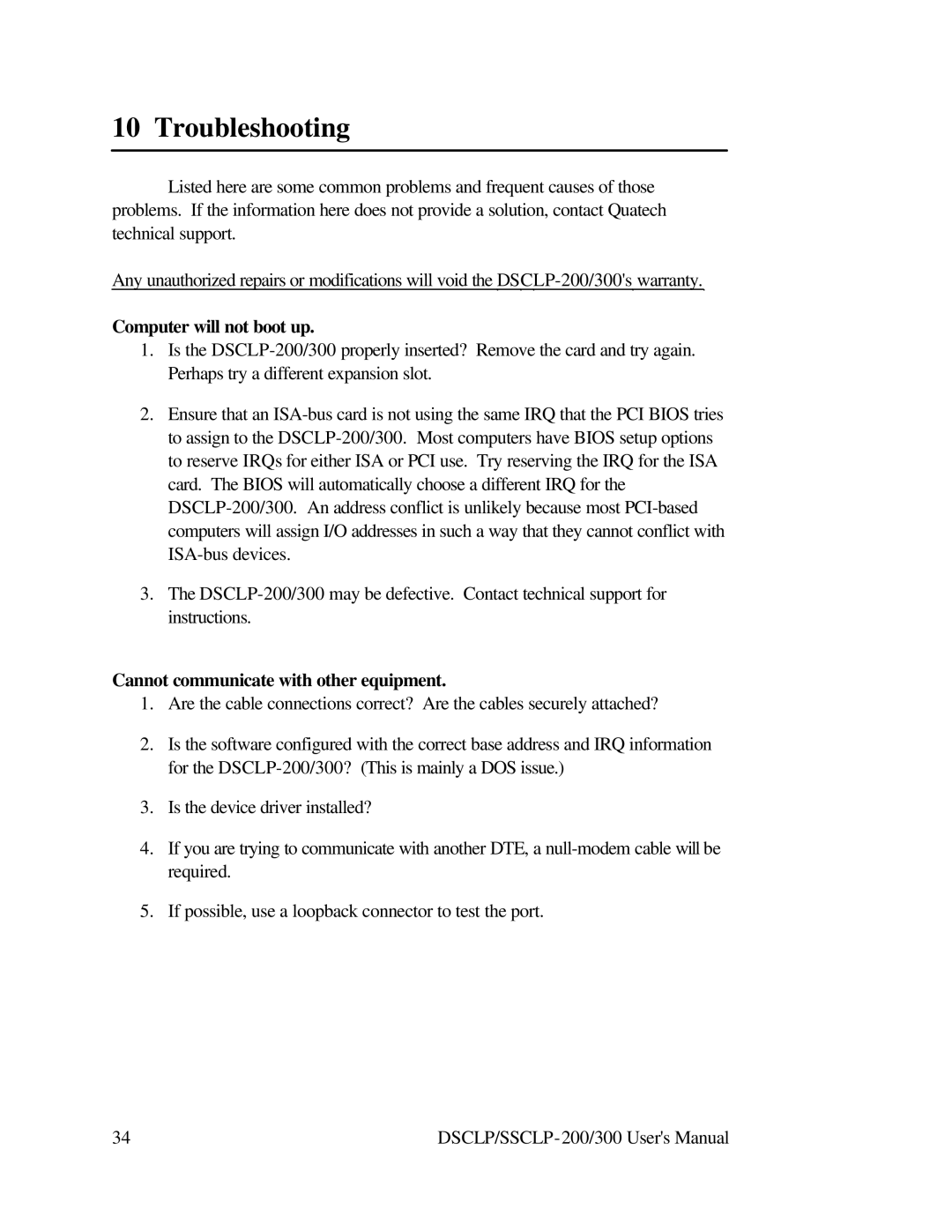 Quatech RS-422 user manual Troubleshooting, Computer will not boot up 