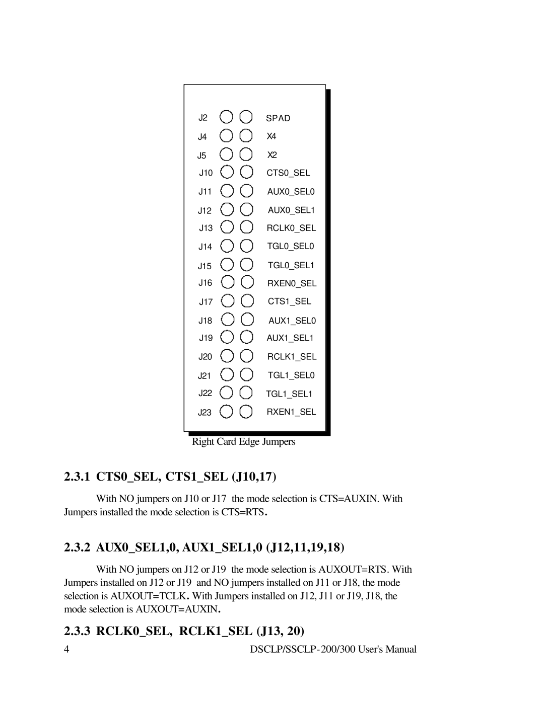 Quatech RS-422 user manual 1 CTS0SEL, CTS1SEL J10,17, 2 AUX0SEL1,0, AUX1SEL1,0 J12,11,19,18, RCLK0SEL, RCLK1SEL J13 