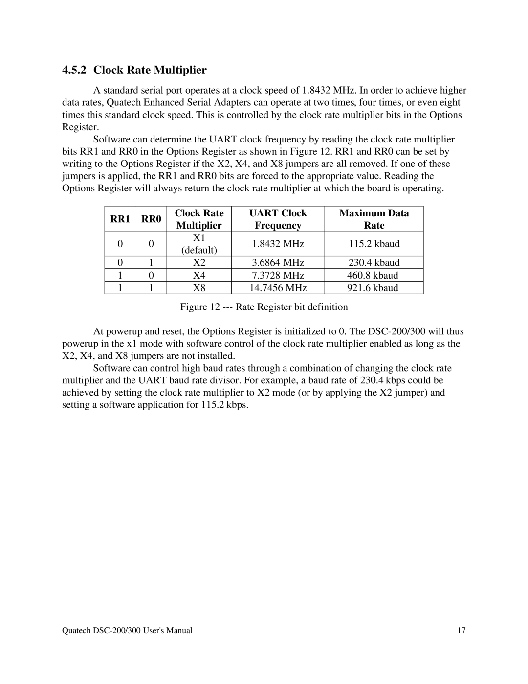 Quatech RS-485 user manual Clock Rate Multiplier, RR1 RR0 