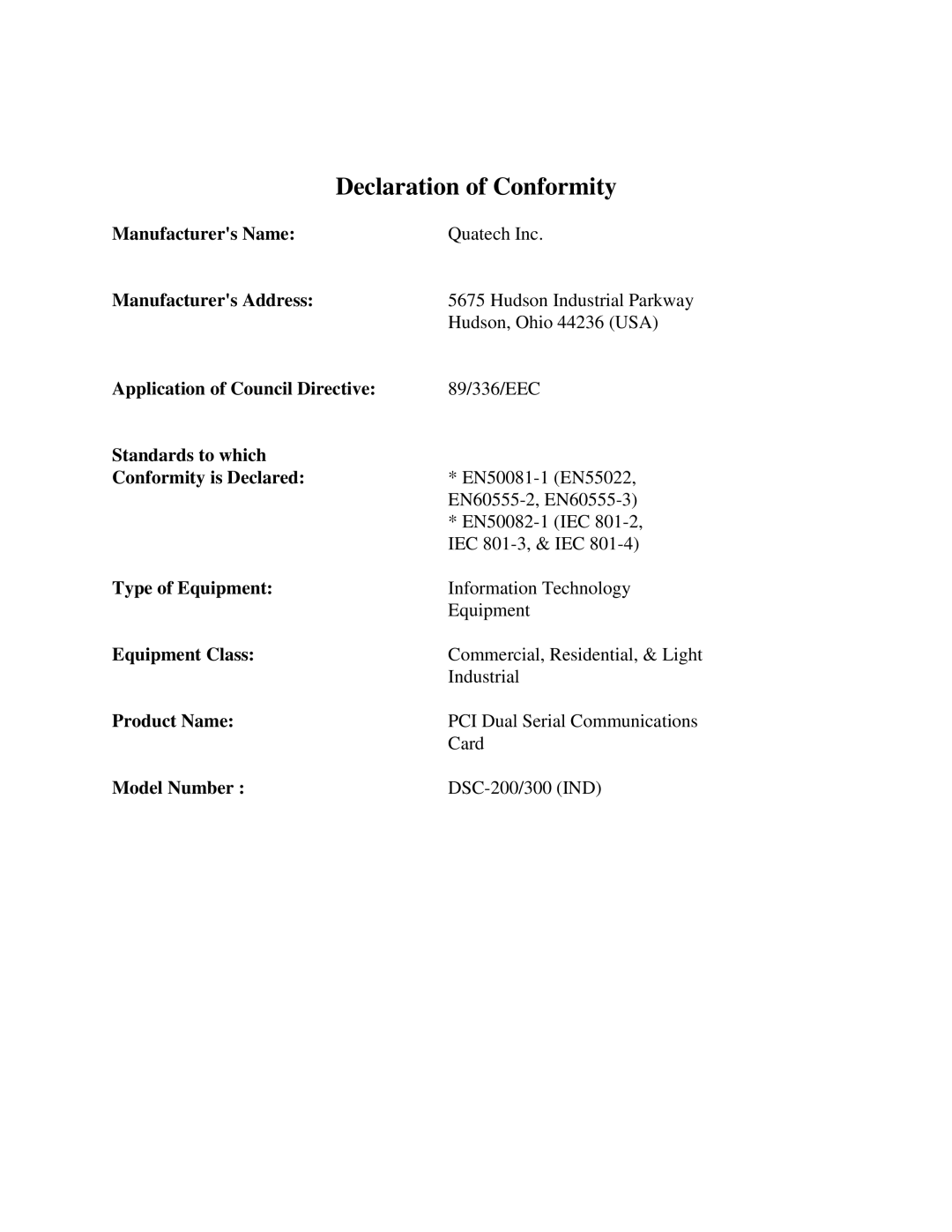 Quatech RS-485 user manual Declaration of Conformity 