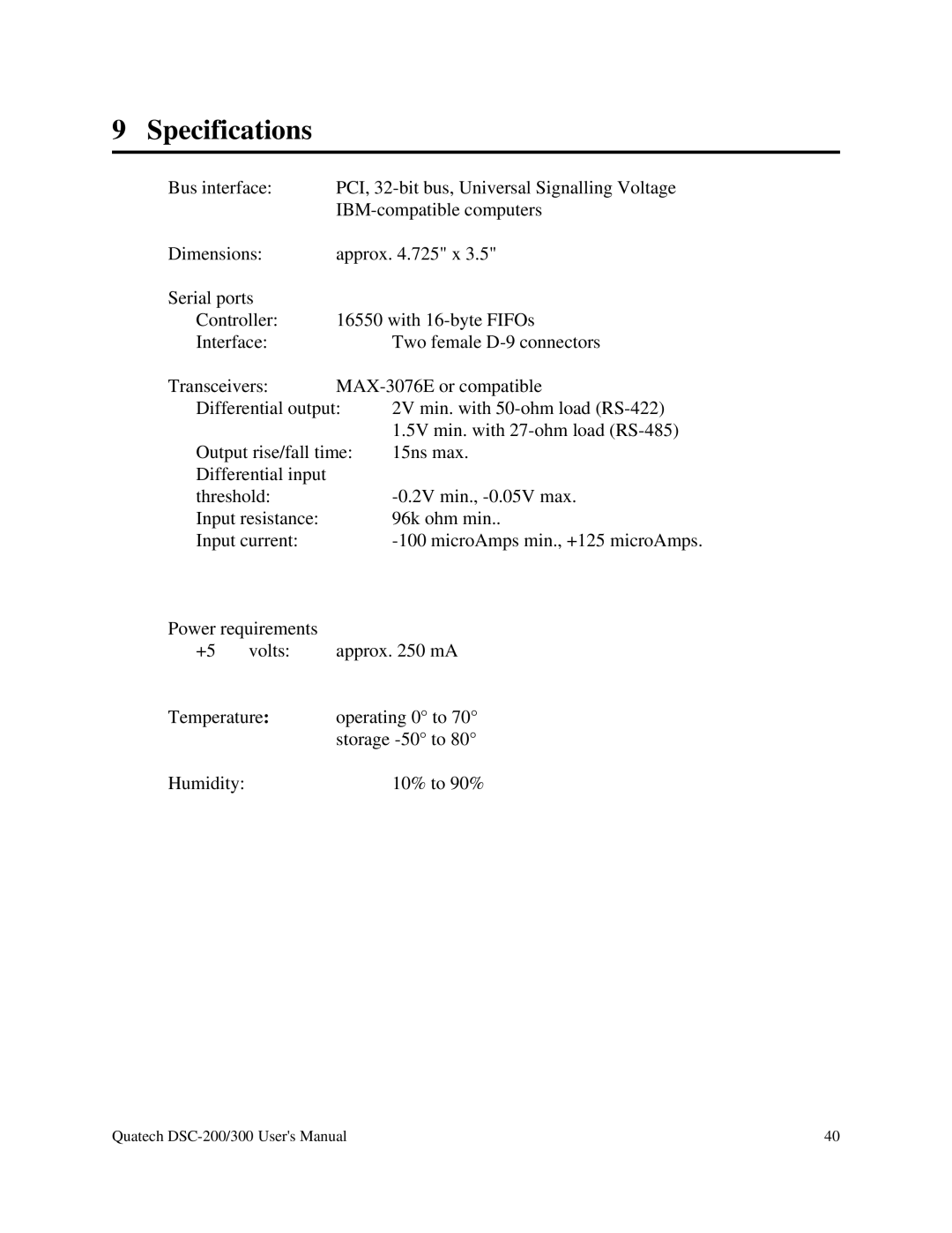 Quatech RS-485 user manual Specifications 