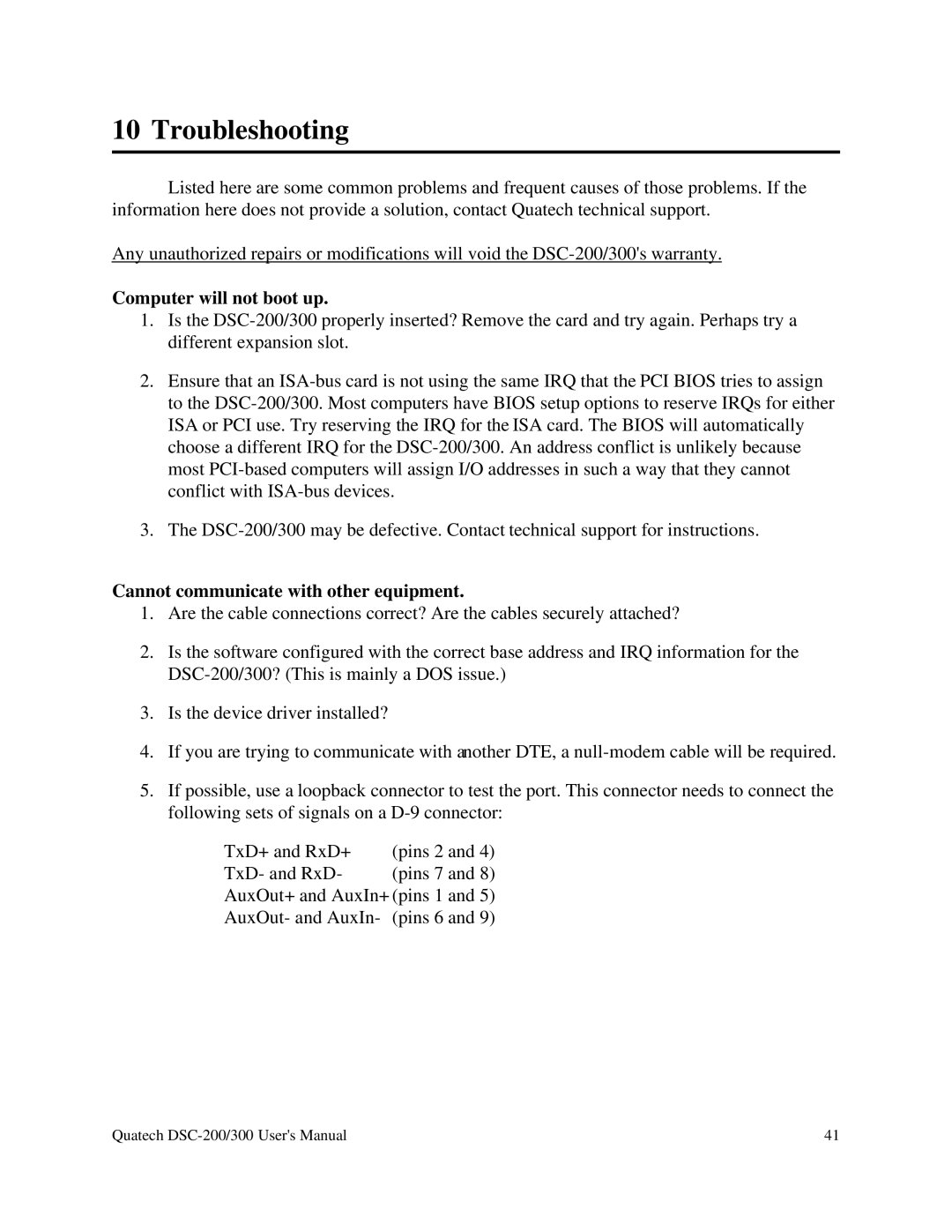 Quatech RS-485 user manual Computer will not boot up 