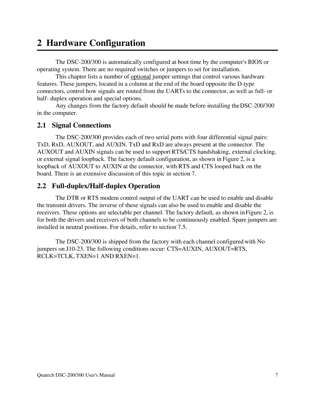 Quatech RS-485 user manual Signal Connections, Full-duplex/Half-duplex Operation 