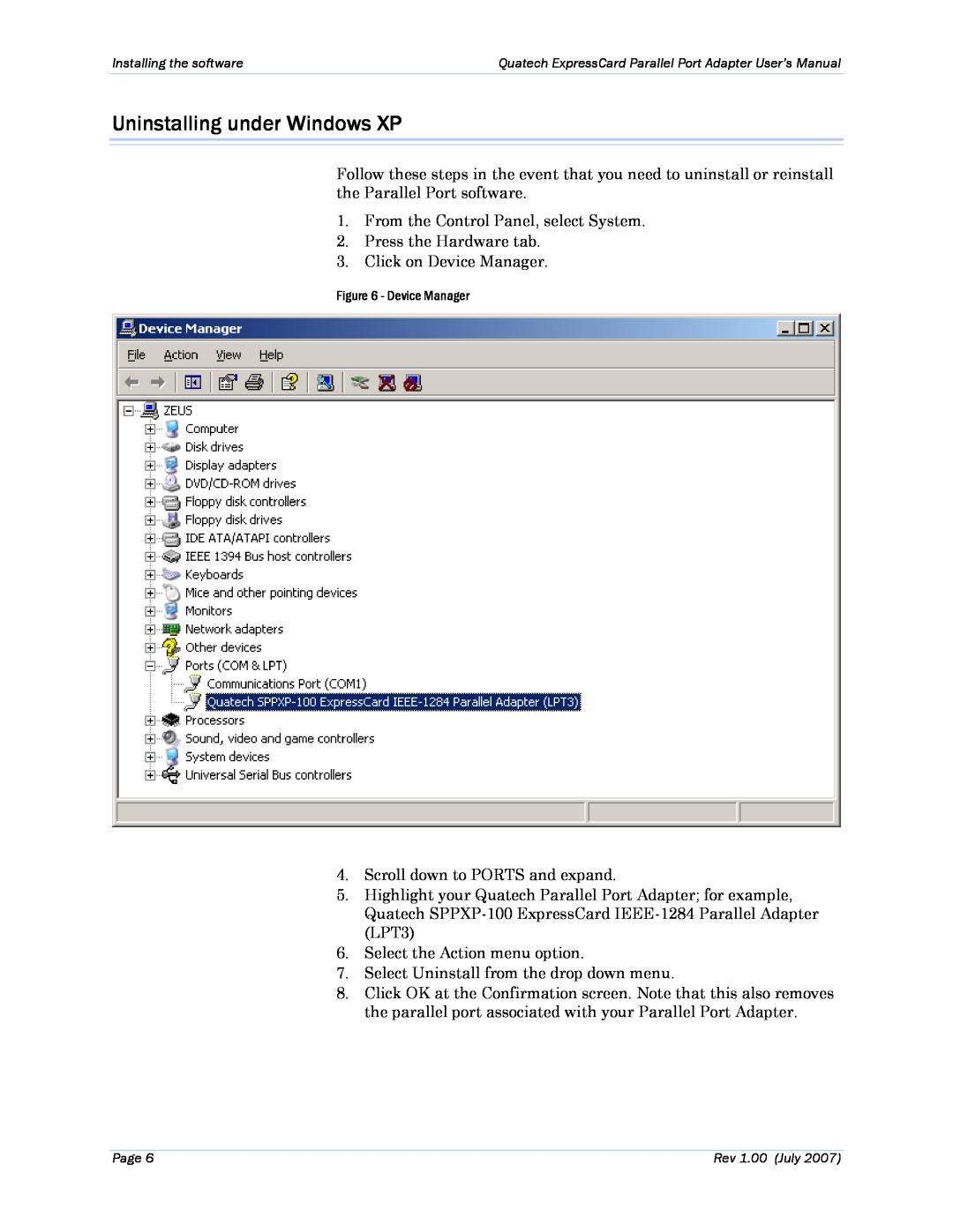 Quatech SPPXP-100 user manual Uninstalling under Windows XP 
