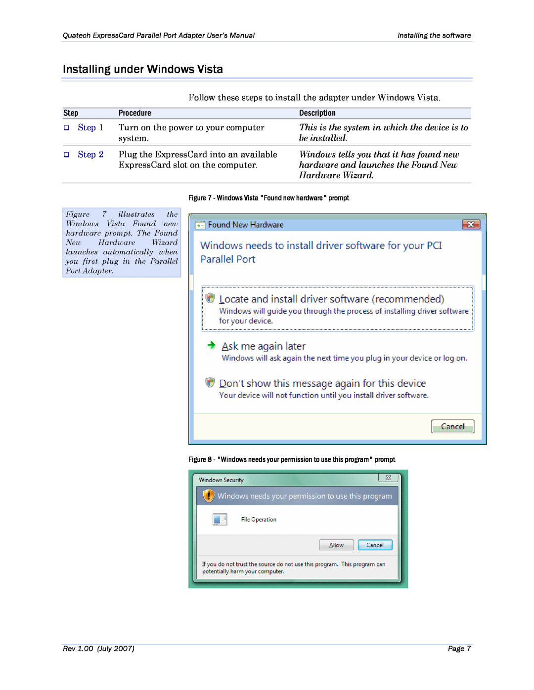 Quatech SPPXP-100 Installing under Windows Vista, Step, Procedure, Description, be installed, Hardware Wizard, Page 