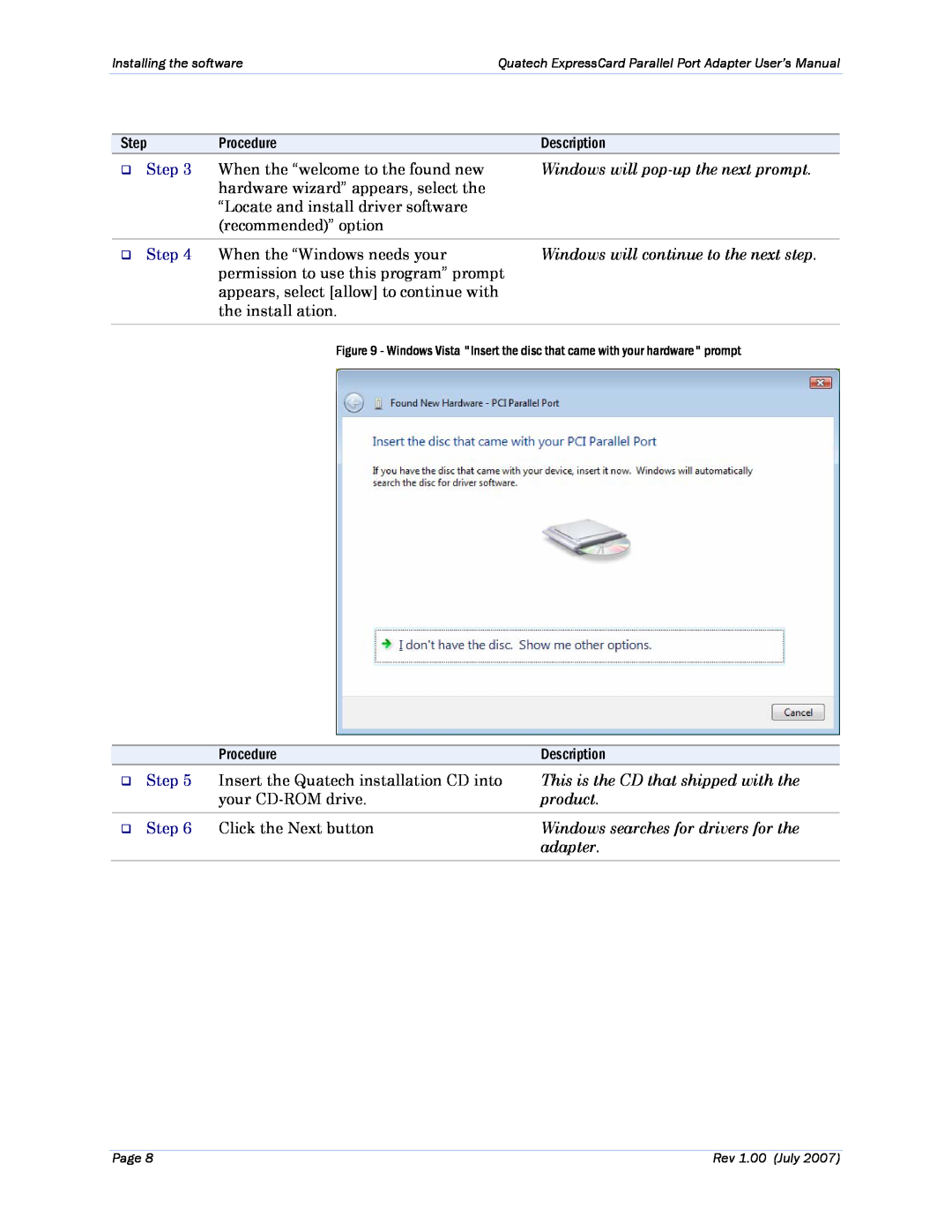 Quatech SPPXP-100 Windows will pop-up the next prompt, ‰ Step, Windows will continue to the next step, product, adapter 