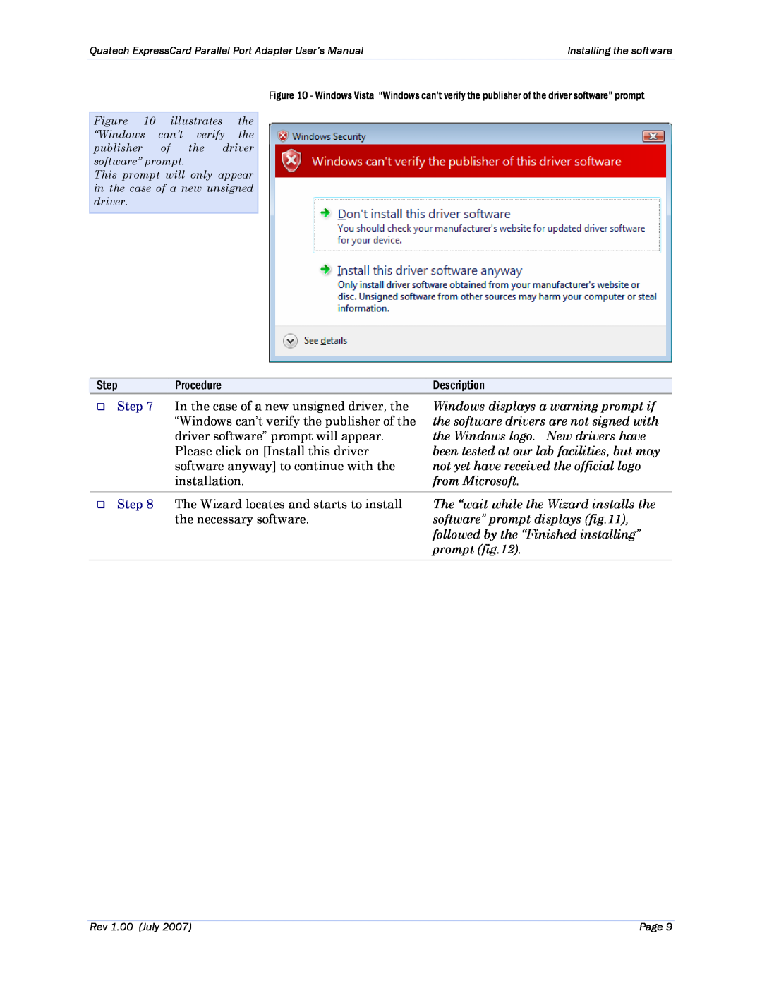 Quatech SPPXP-100 user manual The “wait while the Wizard installs the, software” prompt displays, Step, from Microsoft 