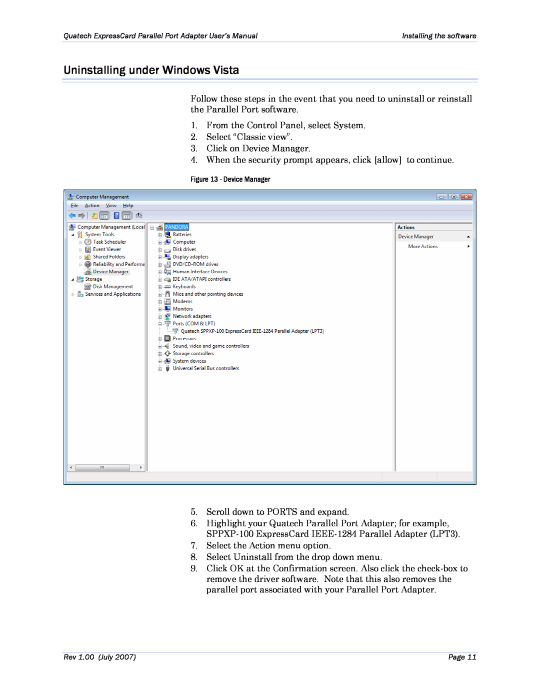 Quatech SPPXP-100 user manual Uninstalling under Windows Vista, Device Manager 