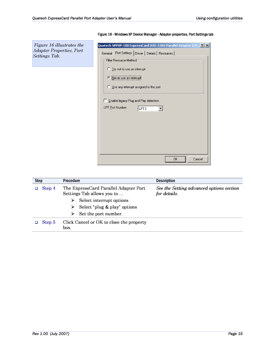 Quatech SPPXP-100 illustrates the Adapter Properties, Port Settings Tab, See the Setting advanced options section, Step 