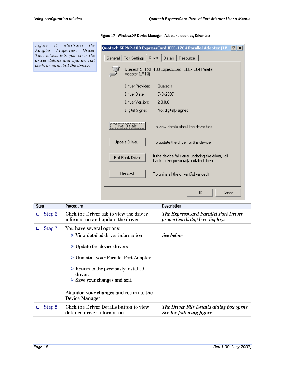 Quatech SPPXP-100 user manual The ExpressCard Parallel Port Driver, properties dialog box displays, See below, Step 