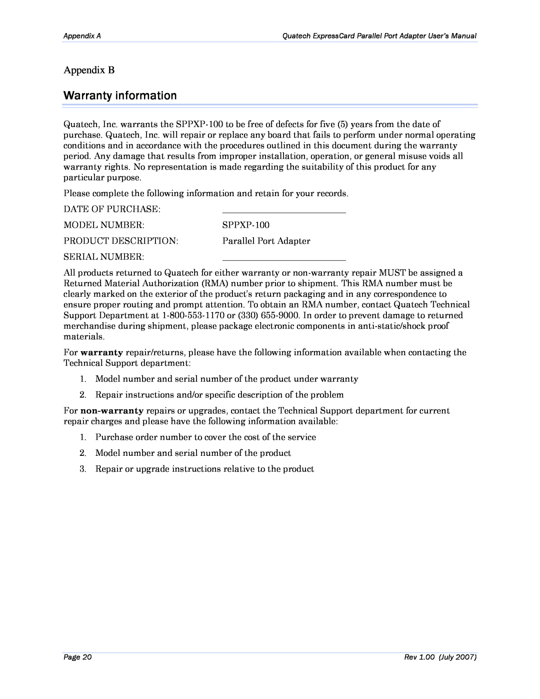 Quatech SPPXP-100 user manual Warranty information, Appendix B 