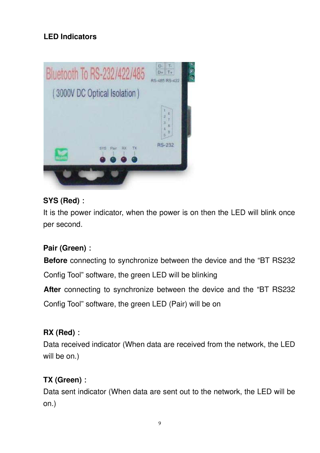 Quatech SS-BLT-400 operation manual LED Indicators SYS Red：, Pair Green：, RX Red：, TX Green： 