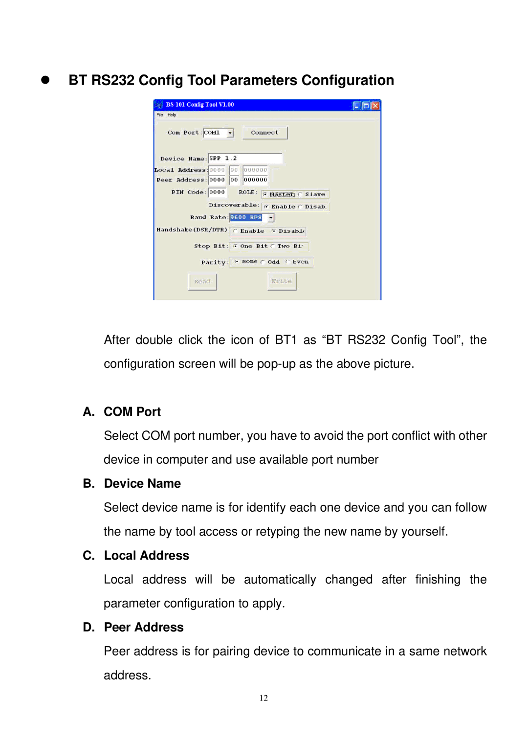 Quatech SS-BLT-400 operation manual COM Port, Device Name, Local Address, Peer Address 