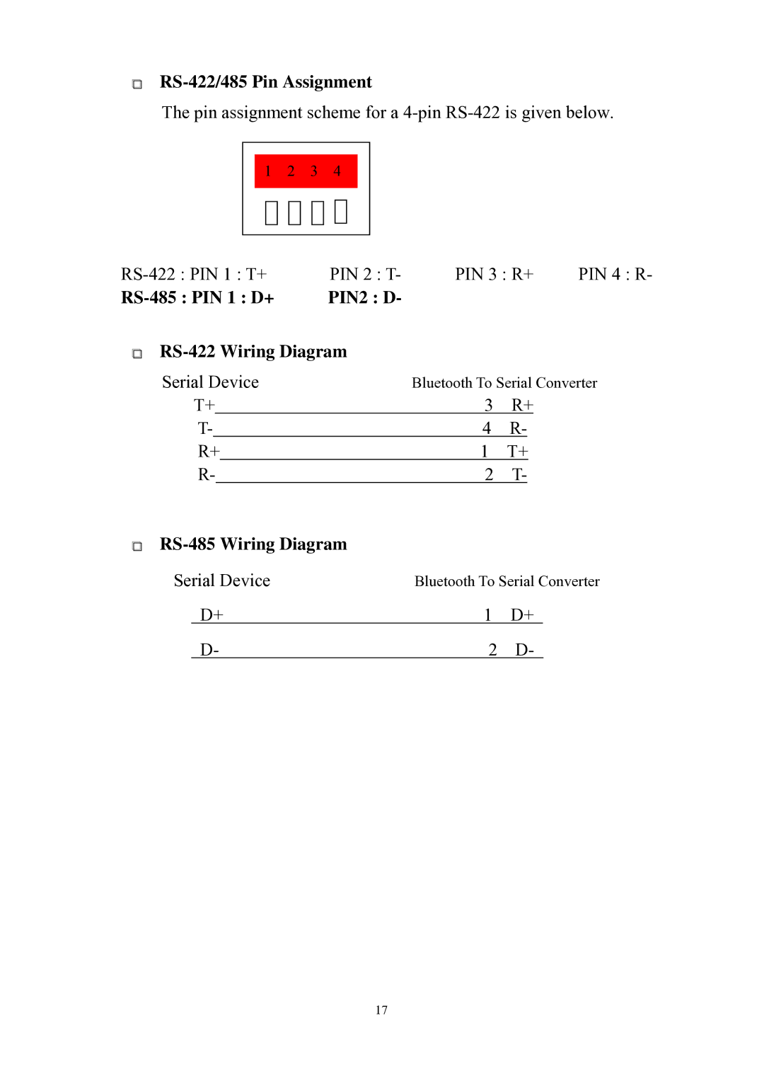 Quatech SS-BLT-400 operation manual RS-485 PIN 1 D+ PIN2 D RS-422 Wiring Diagram 