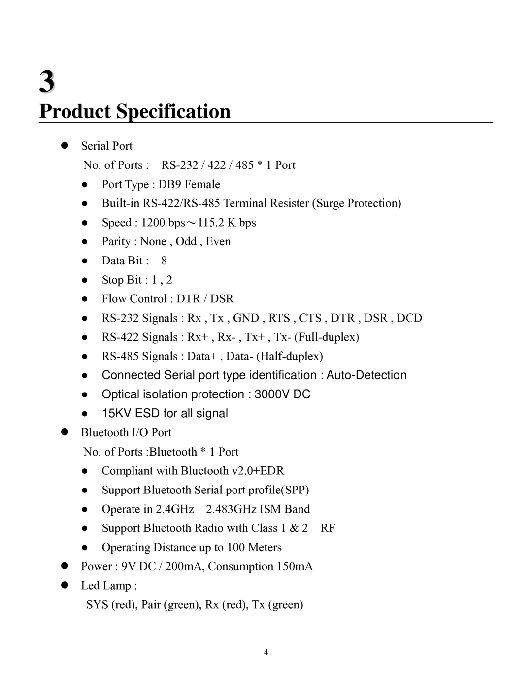 Quatech SS-BLT-400 operation manual Product Specification 