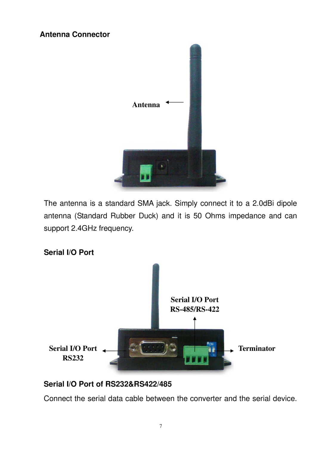 Quatech SS-BLT-400 operation manual Antenna Connector, Serial I/O Port of RS232&RS422/485 