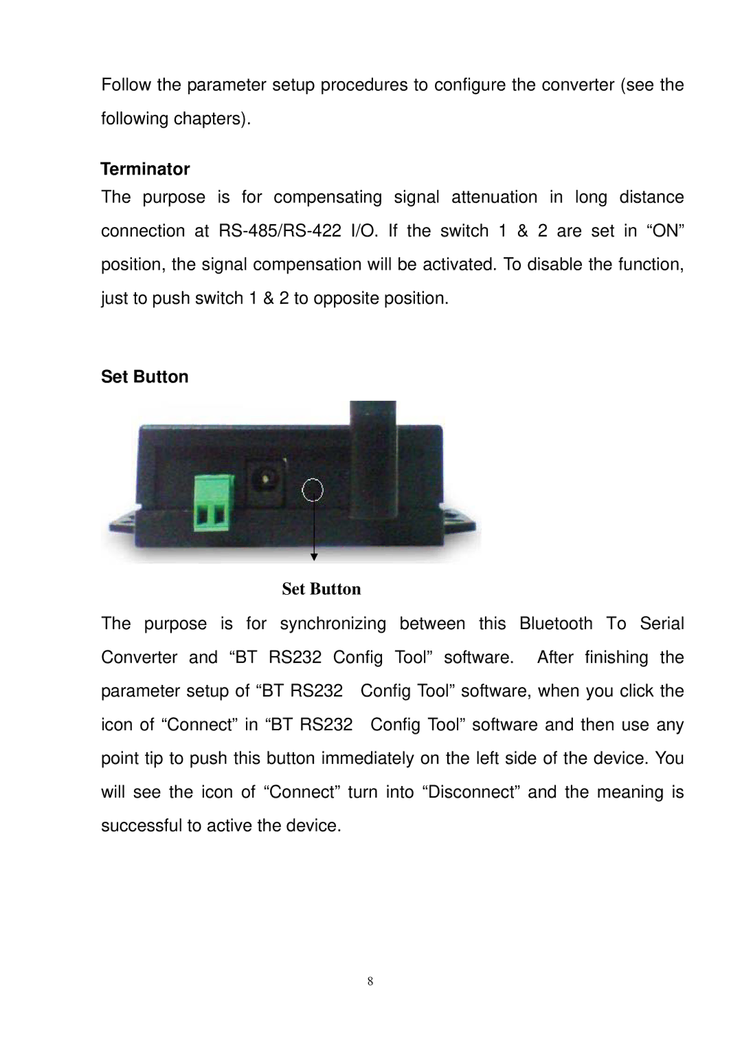 Quatech SS-BLT-400 operation manual Terminator, Set Button 