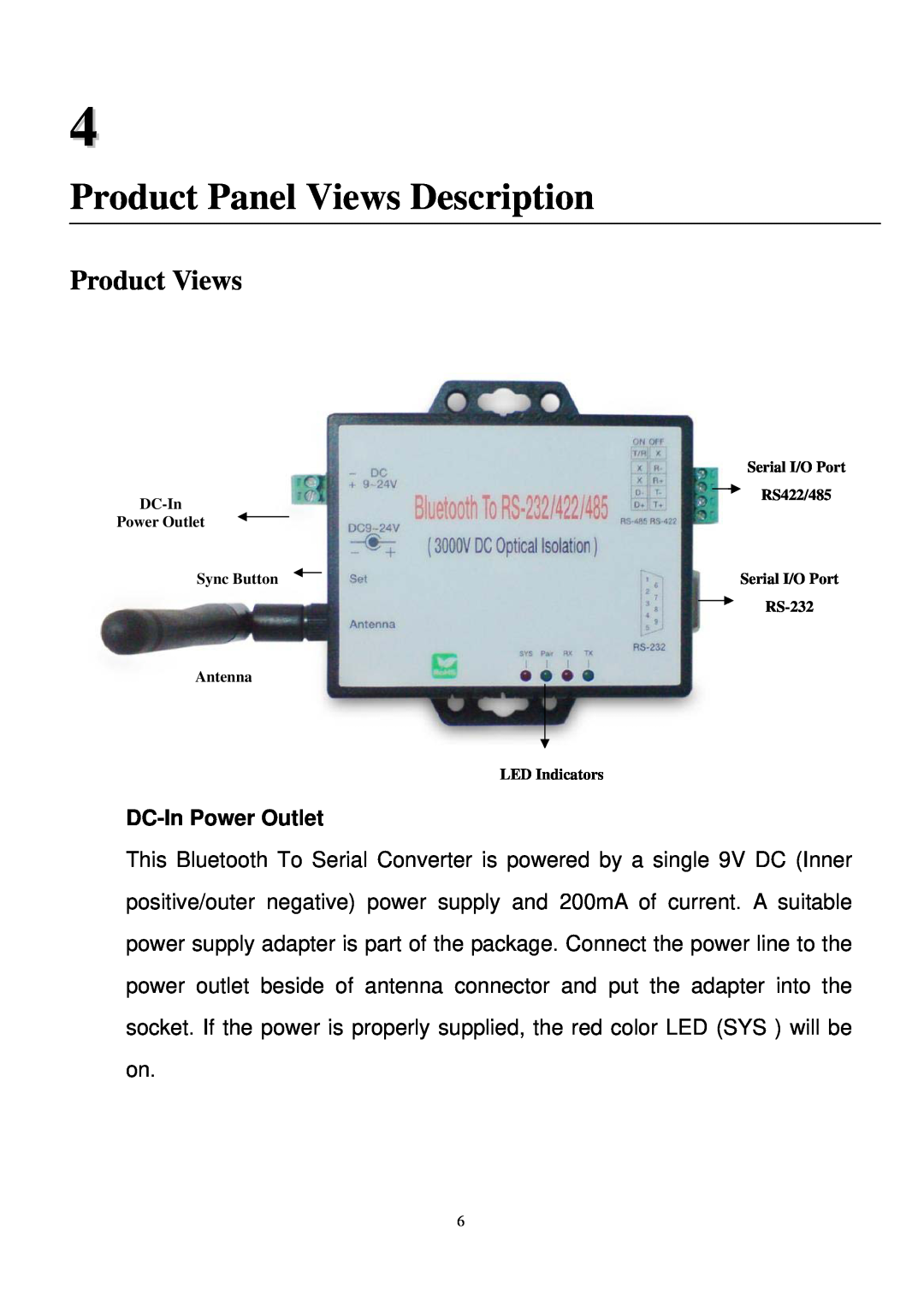 Quatech SS-BLT-400 operation manual Product Panel Views Description, Product Views, DC-In Power Outlet 
