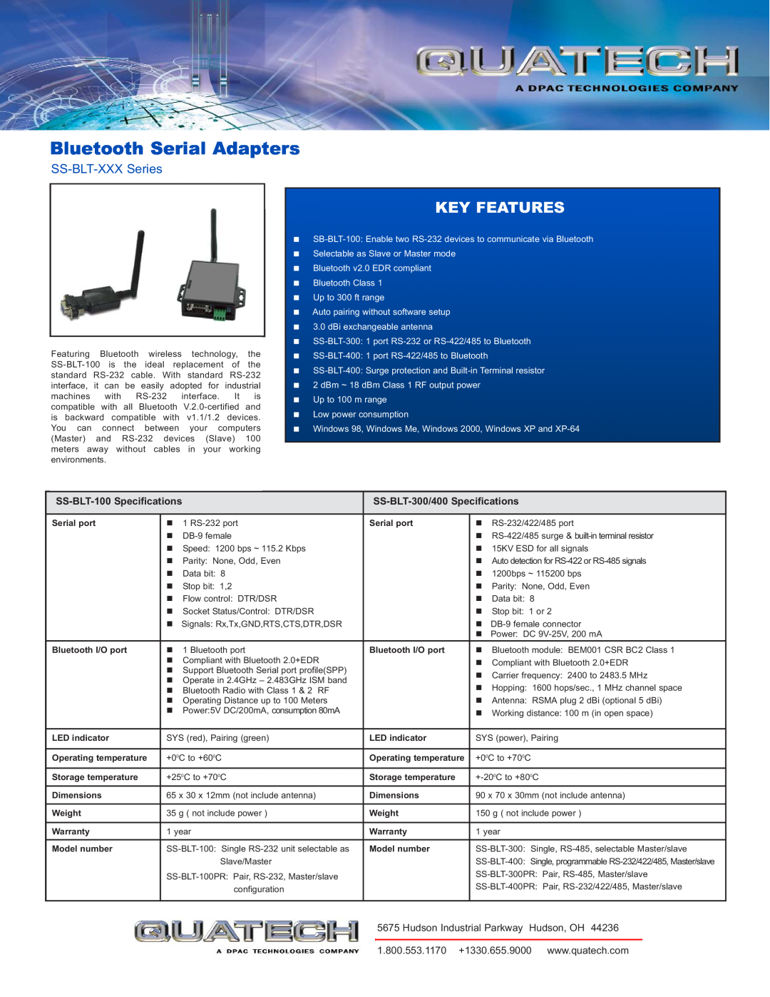 Quatech SS-BLT-XXX Series specifications Bluetooth Serial Adapters, Key Features, SS-BLT-100 Specifications 