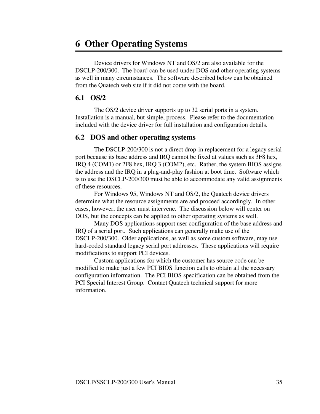 Quatech DSCLP-300, SSCLP-300, SSCLP-200, DSCLP-200 user manual Other Operating Systems, OS/2, DOS and other operating systems 