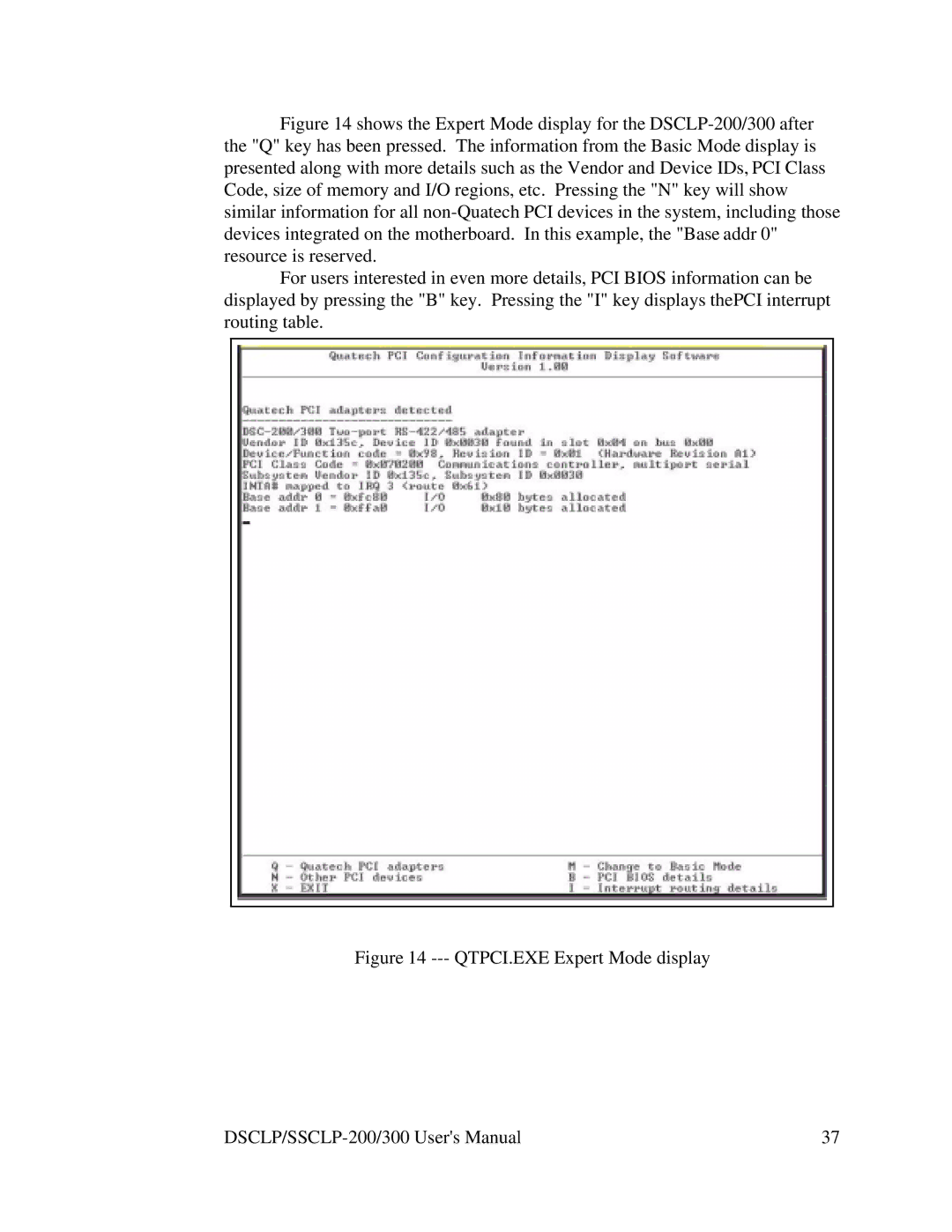 Quatech SSCLP-200, SSCLP-300, DSCLP-200, DSCLP-300 user manual QTPCI.EXE Expert Mode display 