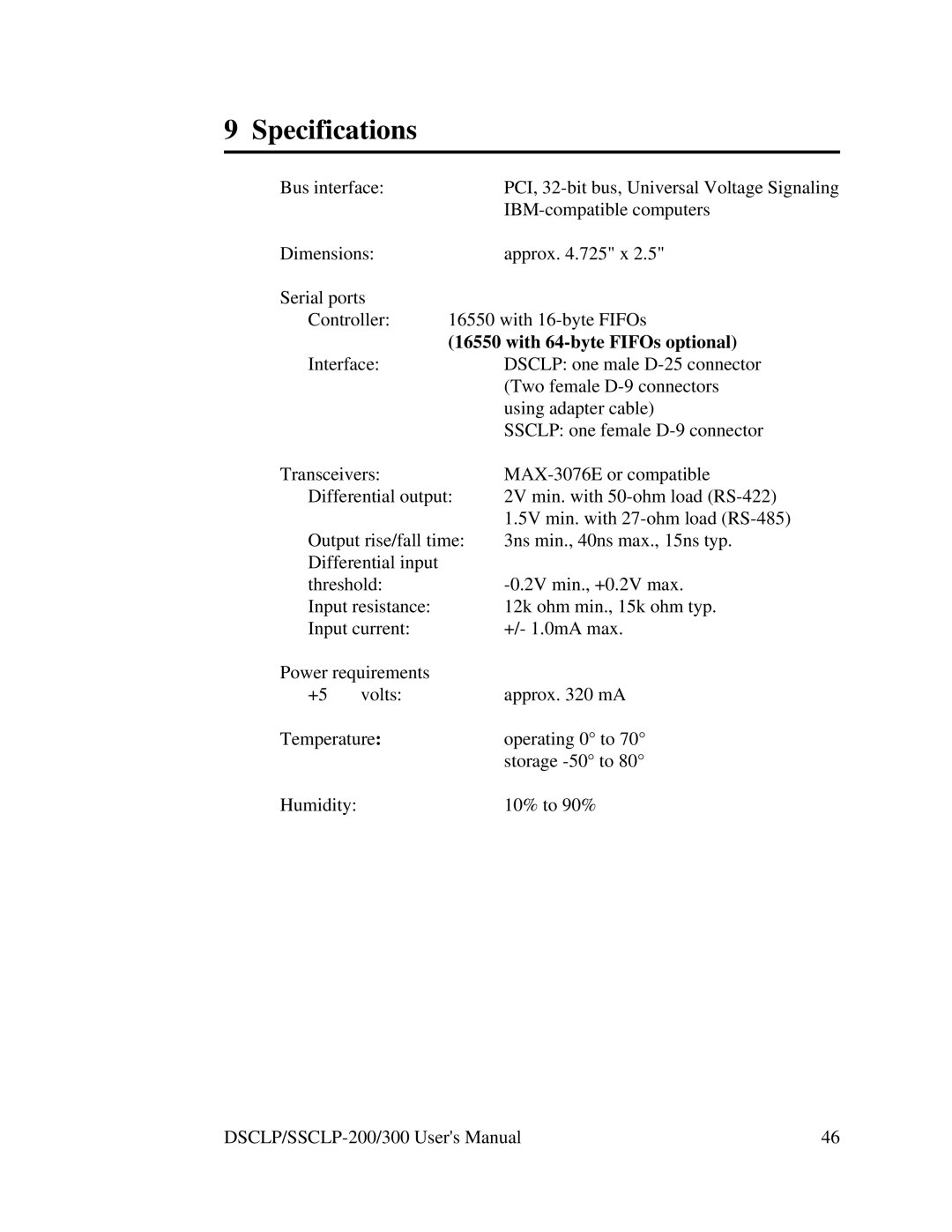 Quatech DSCLP-200, SSCLP-300, SSCLP-200, DSCLP-300 user manual Specifications, With 64-byte FIFOs optional 