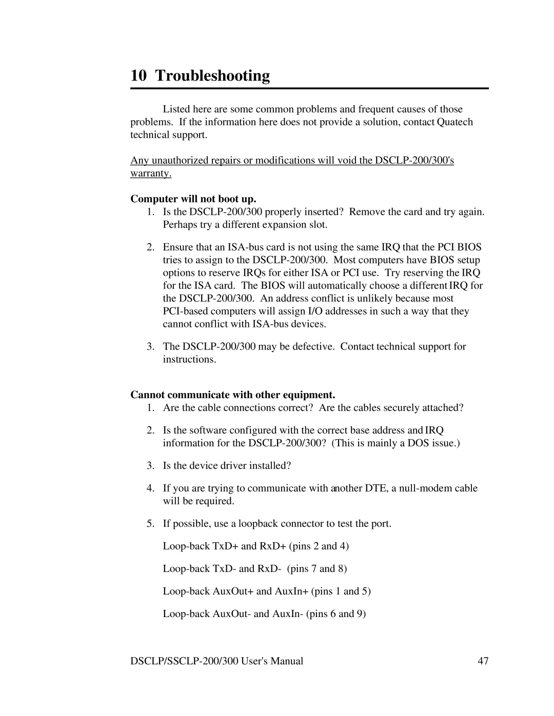Quatech DSCLP-300, SSCLP-300, SSCLP-200 Troubleshooting, Computer will not boot up, Cannot communicate with other equipment 