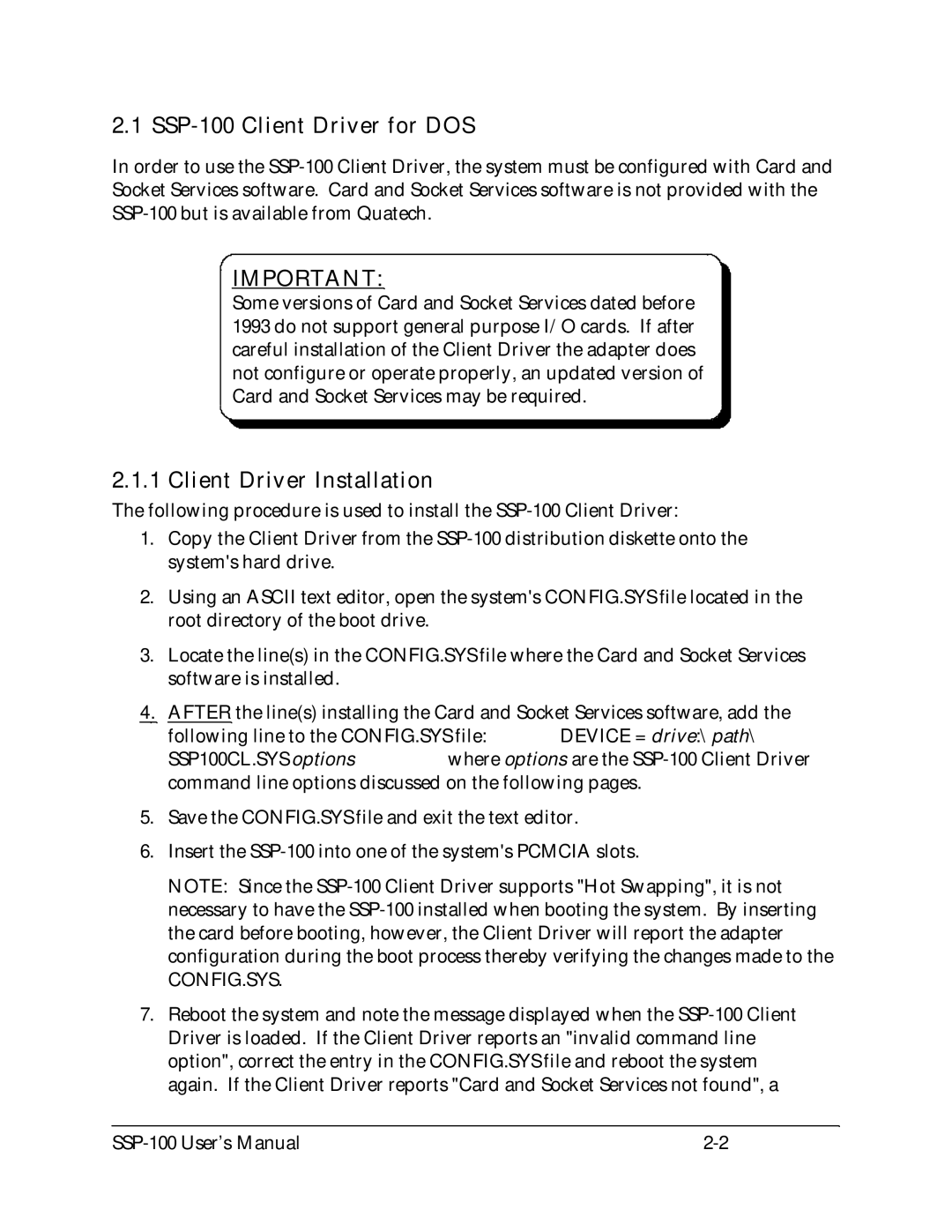 Quatech user manual SSP-100 Client Driver for DOS, Client Driver Installation 