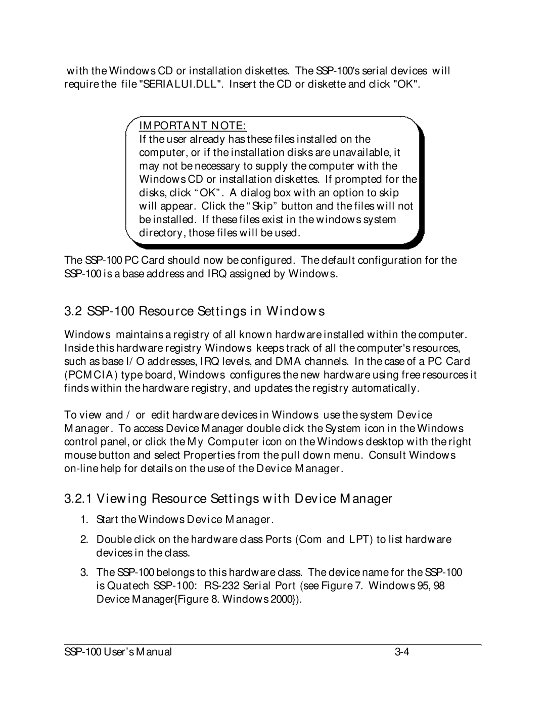 Quatech user manual SSP-100 Resource Settings in Windows, Viewing Resource Settings with Device Manager 